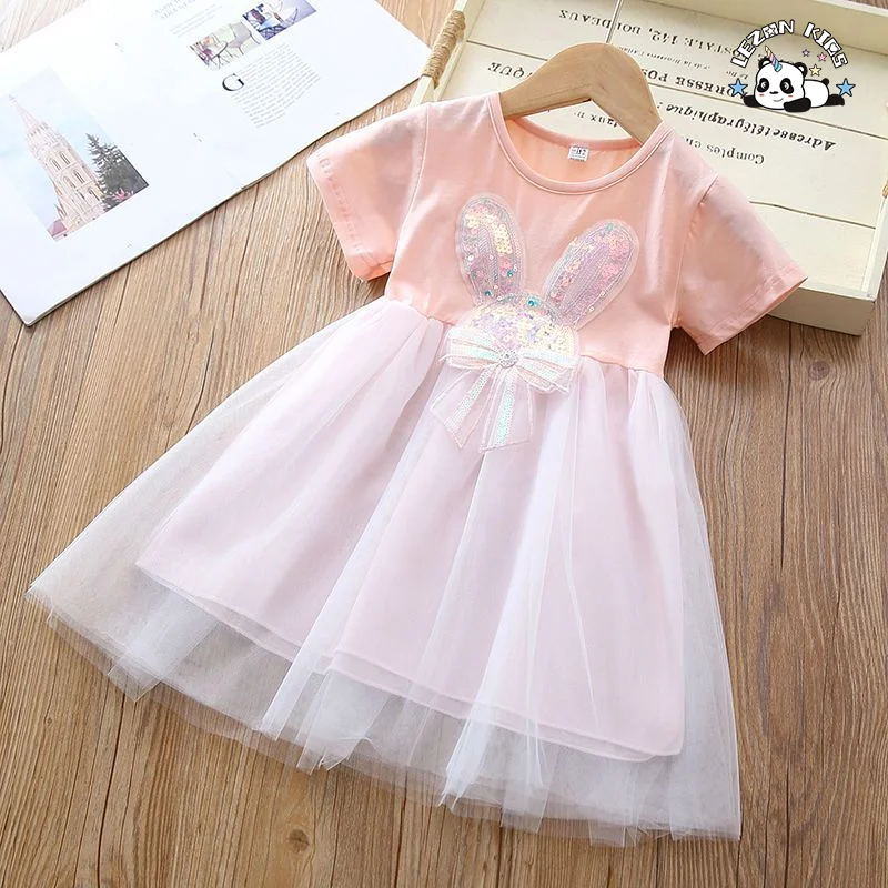 LEZONKIDS - Customizable Hot Selling Short Sleeved Fresh Dress Sequin Embroidered Rabbit Ears Mesh Daily Life Girls Dress